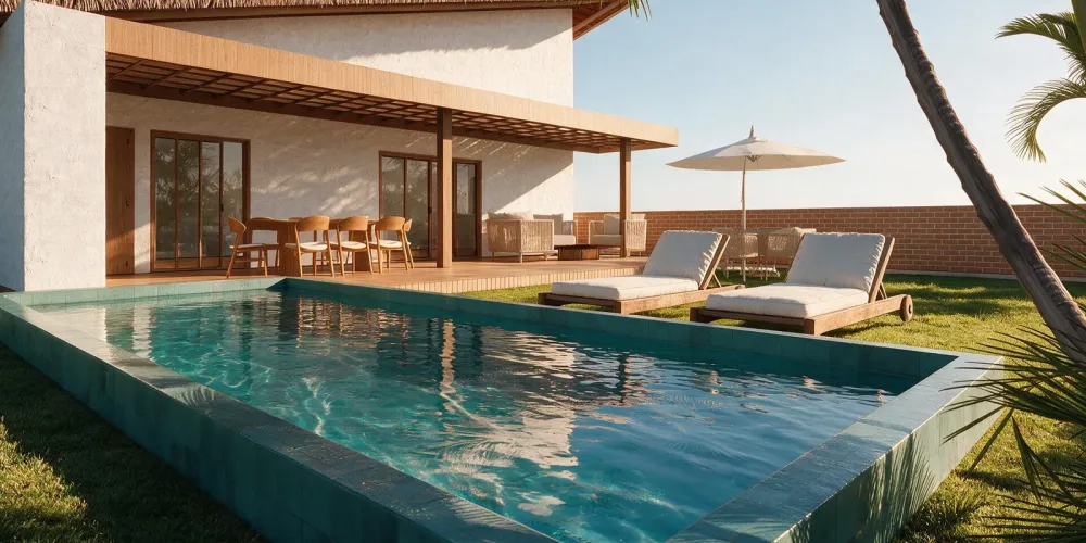Piscina privativa e varanda da casa no Patacho Eco Residence, Porto de Pedras