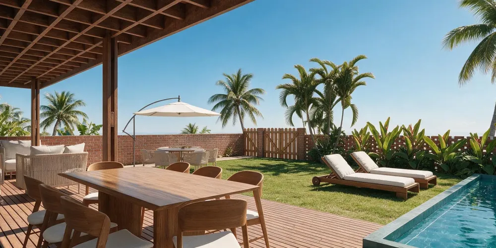 Deck com mesa de jantar ao lado da piscina na casa do Patacho Eco Residence