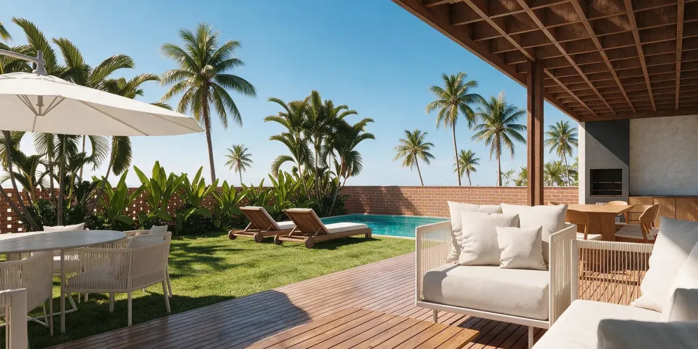 Varanda coberta com sofás voltada para o jardim e a piscina, Patacho Eco Residence
