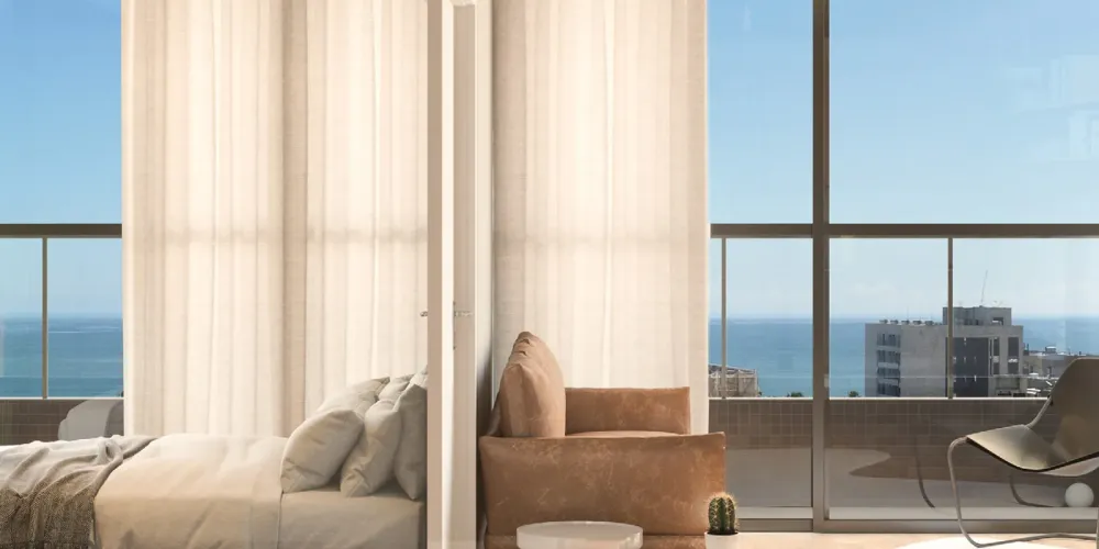 Quarto com varanda e vista para o mar no apartamento de 2 quartos do Concept Jatiúca, Maceió